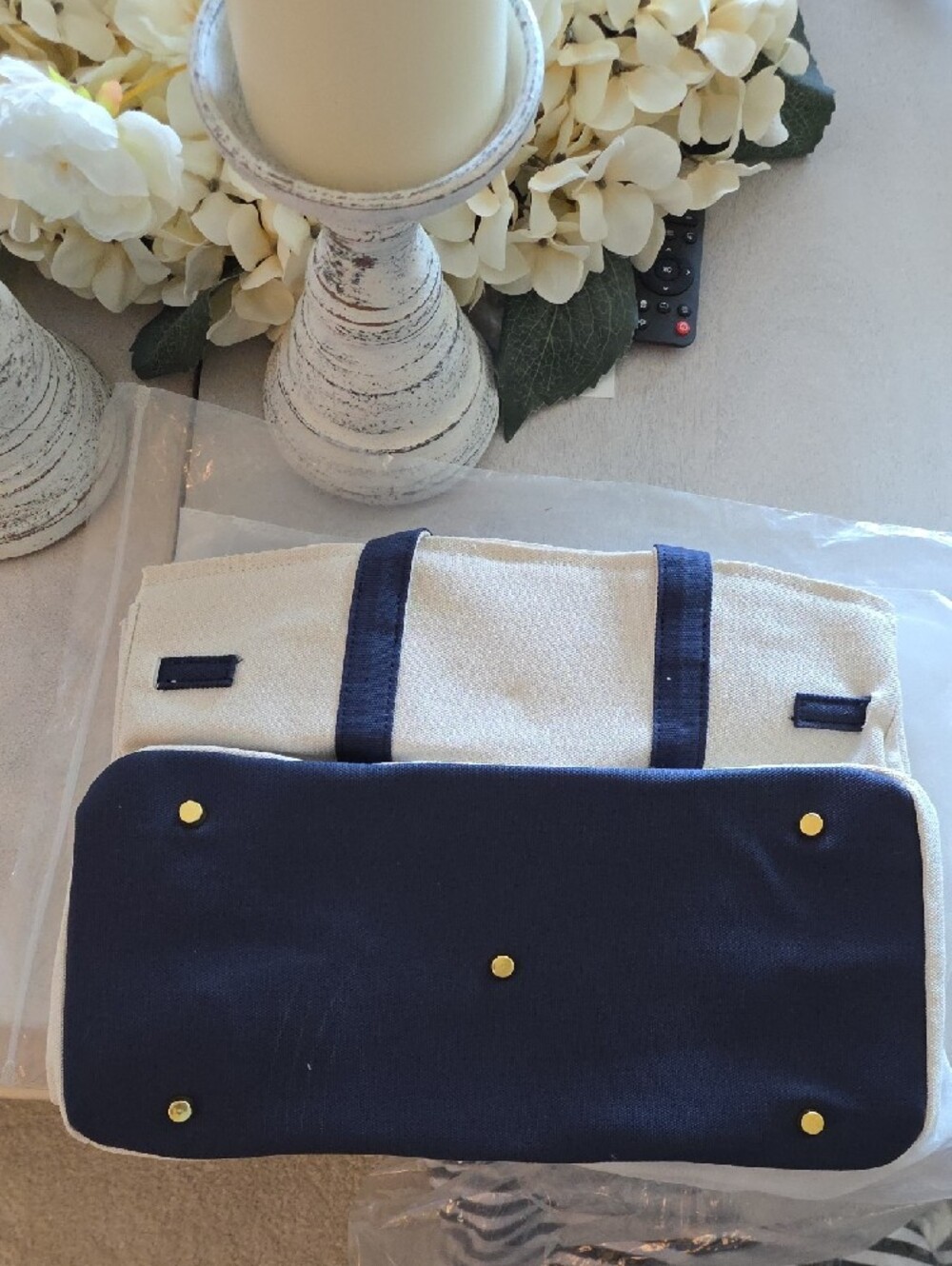 Canvas Tote Bag with Navy Trim and Gold Hardware - Bags - Picture 3 of 3